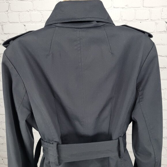 London Fog Black Double Breasted Buttoned Belted Pleated Long Trench Coat 6 - Picture 12 of 16